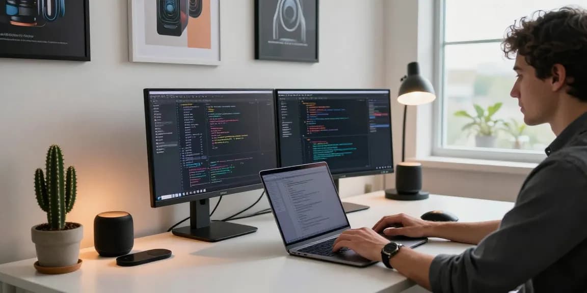 Professional using M5 MacBook in modern tech workspace with monitors and gadgets.