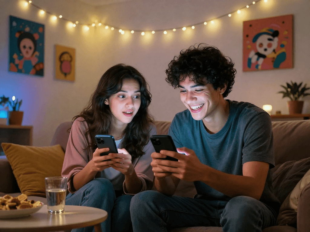 Users engaging in an NSFW AI chat in a cozy environment, showcasing emotions and playful reactions.