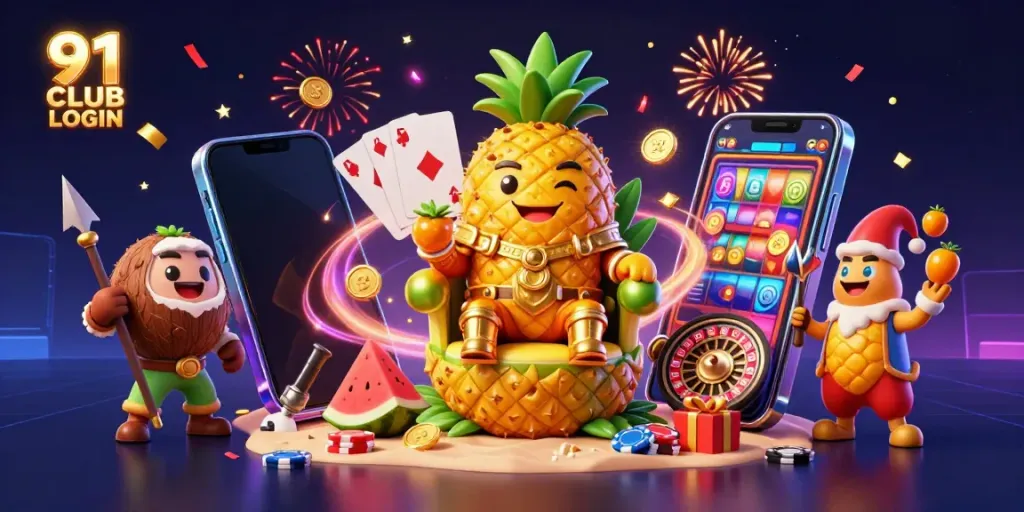 Engage with the excitement of 91 CLUB LOGIN featuring a golden pineapple king and vibrant casino elements.