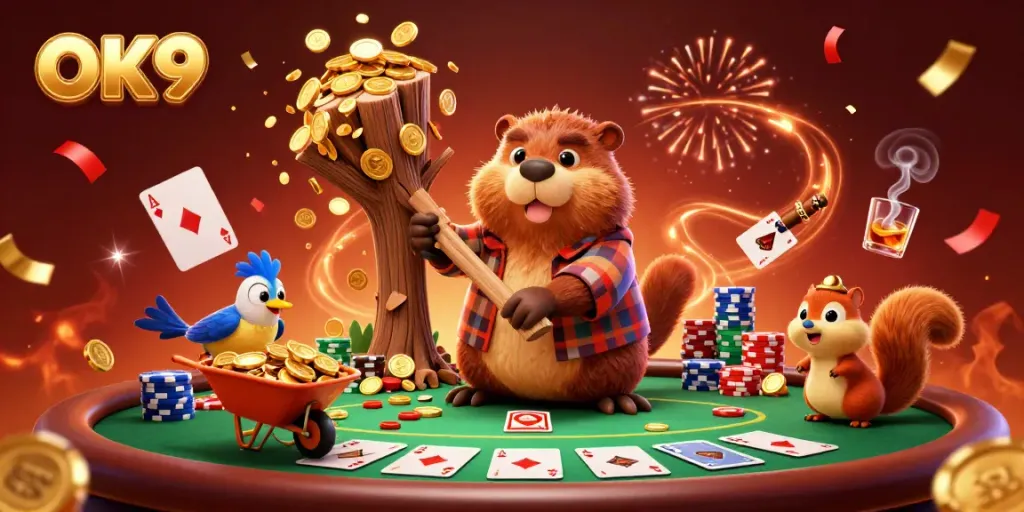 Chop down trees raining coins while celebrating victories in the OK9 casino atmosphere.