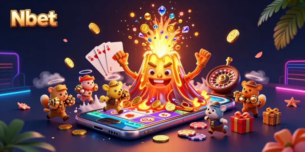 Nbet highlights a vibrant casino experience with a golden volcano and dynamic gameplay elements.