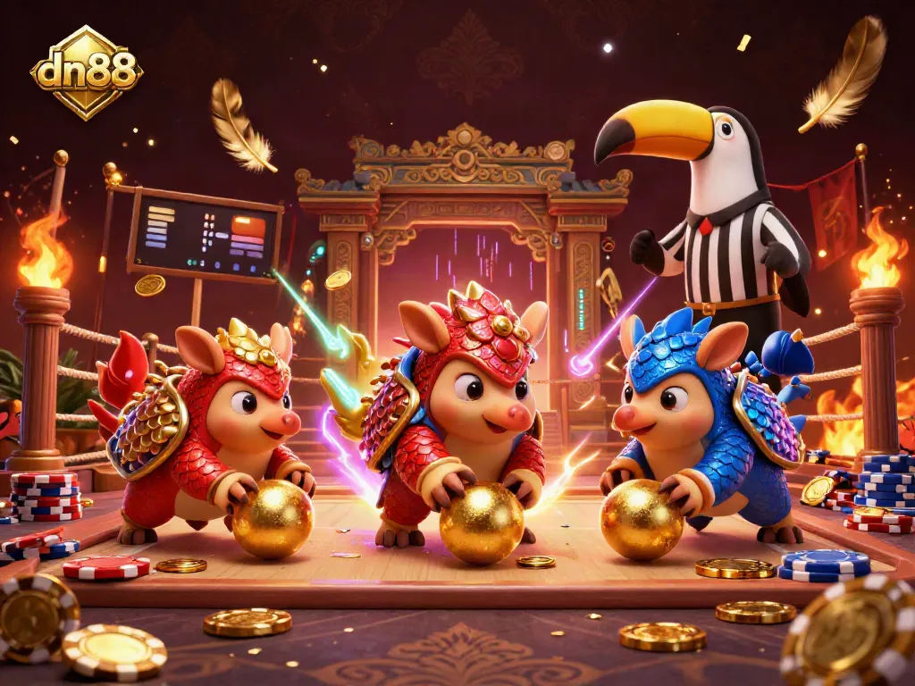 dn88 features a vibrant illustration of rival pangolins bowling through poker chips, with a festive casino atmosphere.