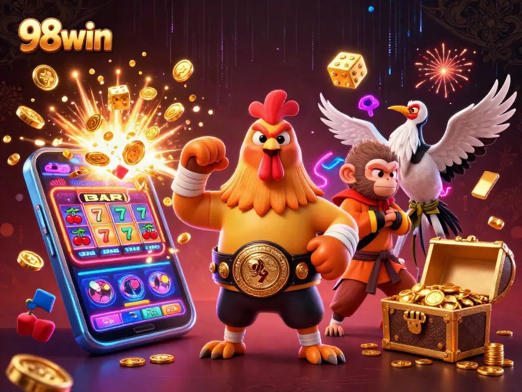 Engage with the vibrant 98win casino scene featuring dynamic characters and explosive game elements.