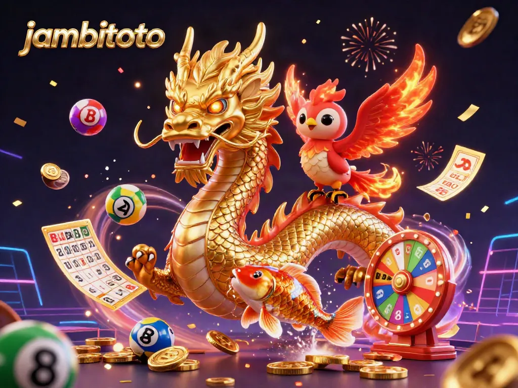 Experience the thrill of jambitoto with a fierce dragon, phoenix, and koi fish amidst colorful lottery elements.