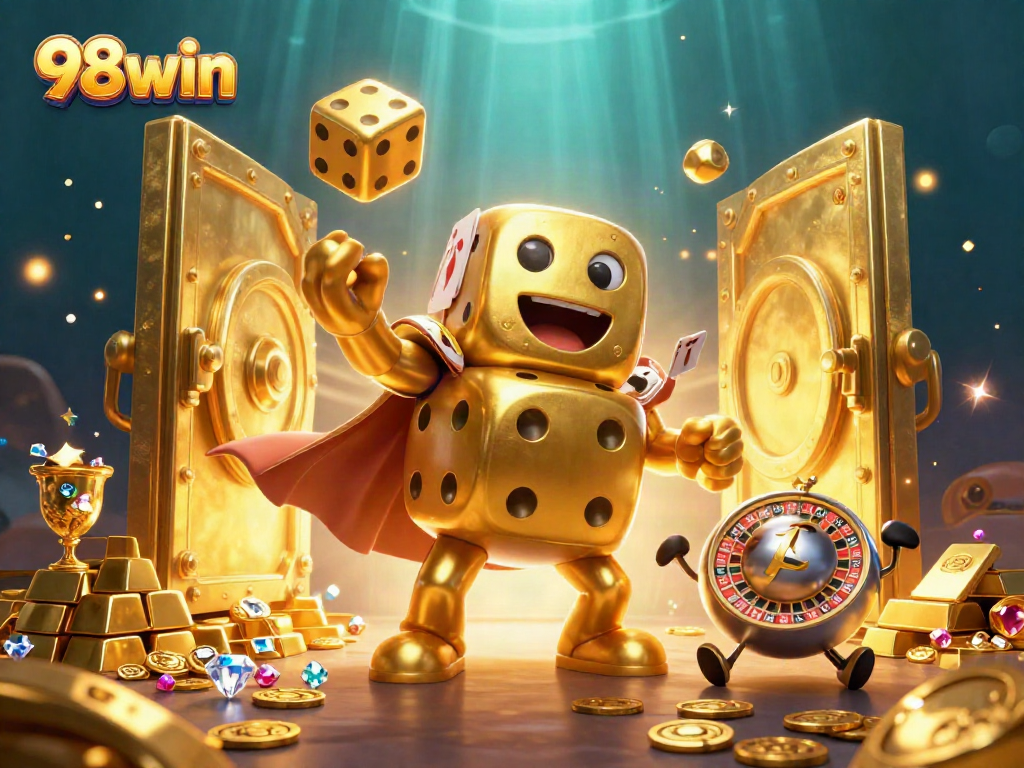 Join the excitement at 98win with a vibrant scene of golden dice and casino treasures.
