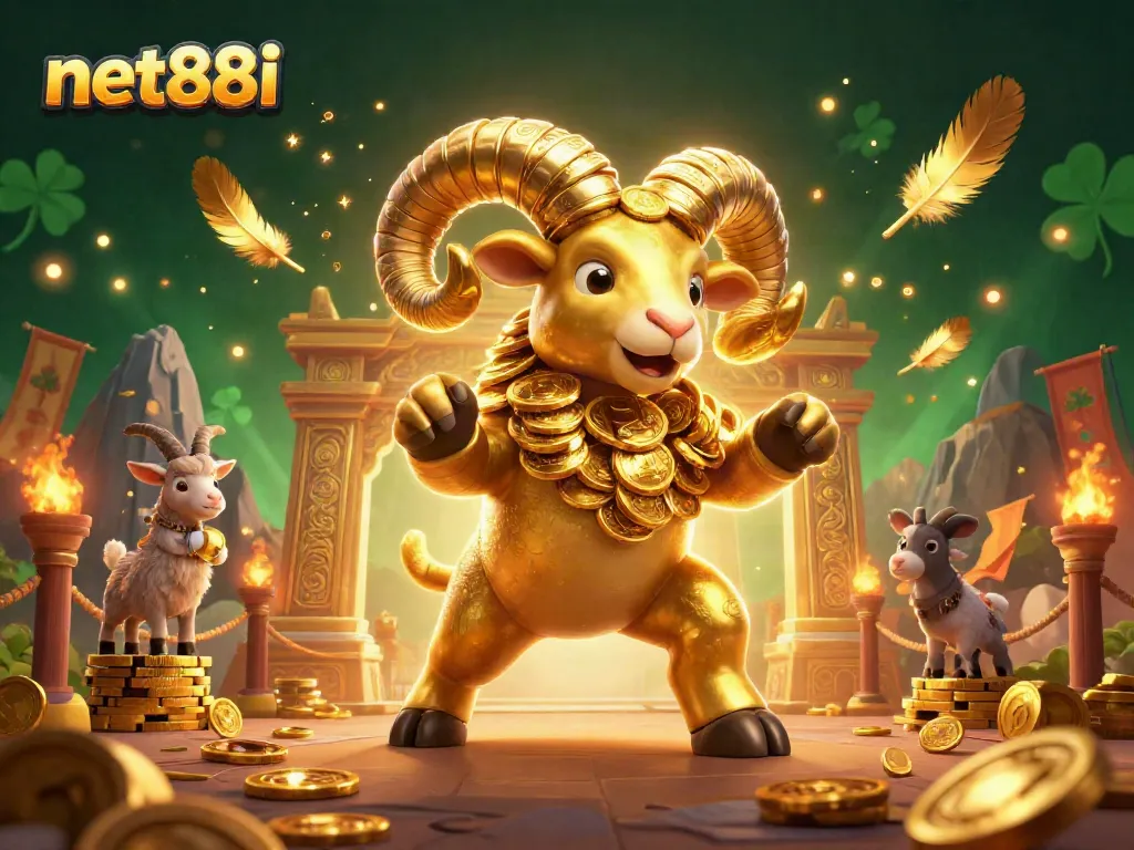 Experience thrilling wins at net88i, where a golden ram symbolizes prosperity in an exciting casino scene.