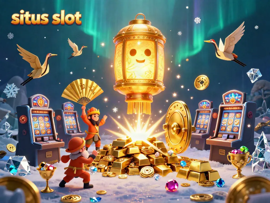 Engage with situs slot games showcased in a vibrant casino illustration featuring golden treasures and lucky symbols.
