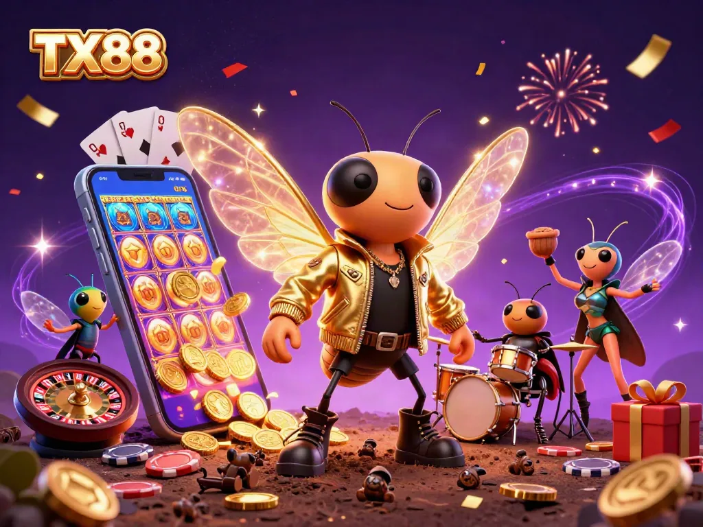 Experience the excitement of TX88 with cartoon characters amid casino elements like slots and cards.