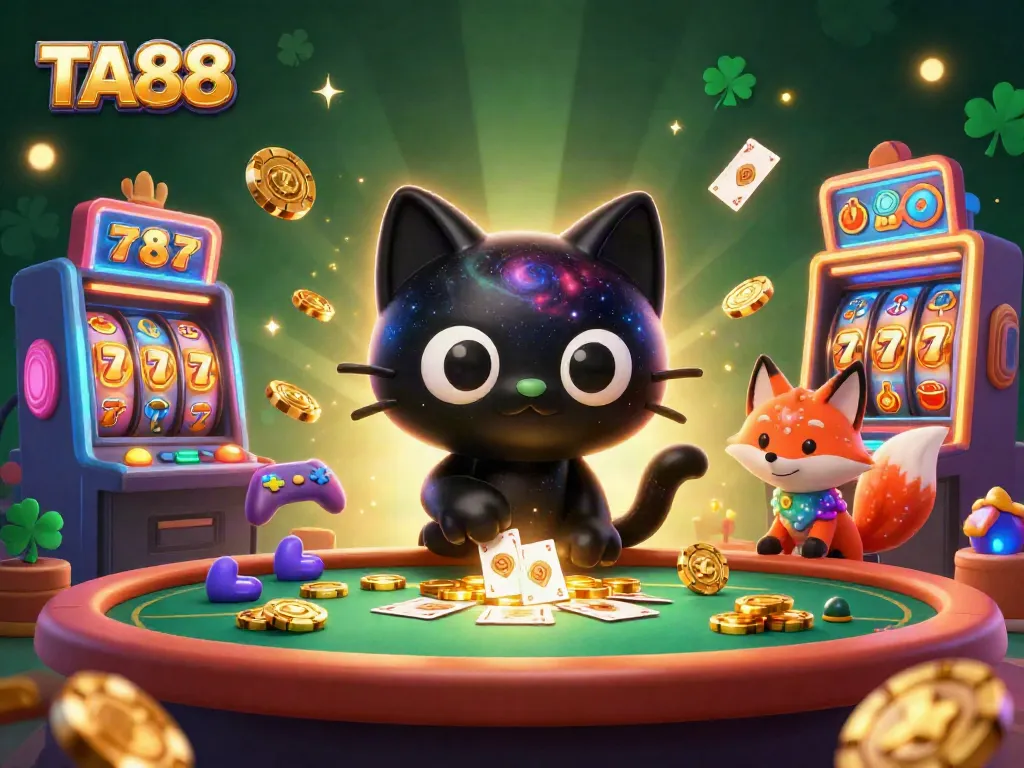 TA88 casino scene featuring a black hole cat and nebula fox pulling in golden chips
