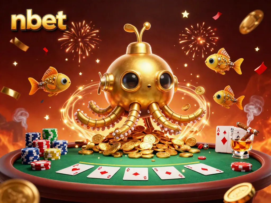 Win big with nbet's thrilling poker scene featuring a kraken submarine and dynamic casino elements.