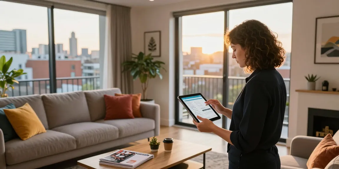 Bristol Airbnb management scene with property manager reviewing bookings in stylish living room, showcasing rental potential and vibrant atmosphere.