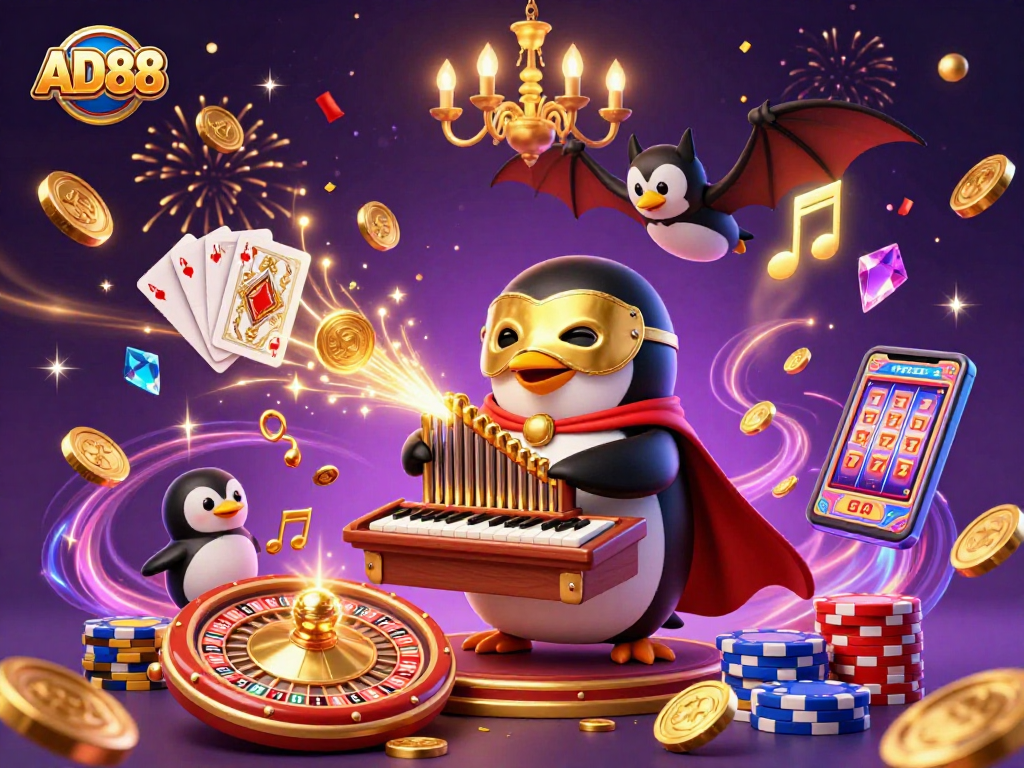 Experience the excitement of AD88 with a dynamic 3D casino scene featuring animated characters and gambling elements.