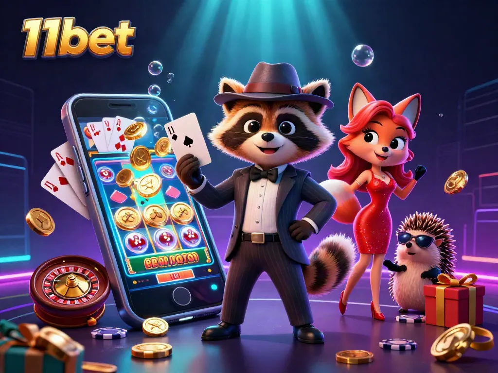 Experience the thrill of winning with 11bet's vibrant gaming scene featuring a raccoon, fox, and dynamic gaming elements.