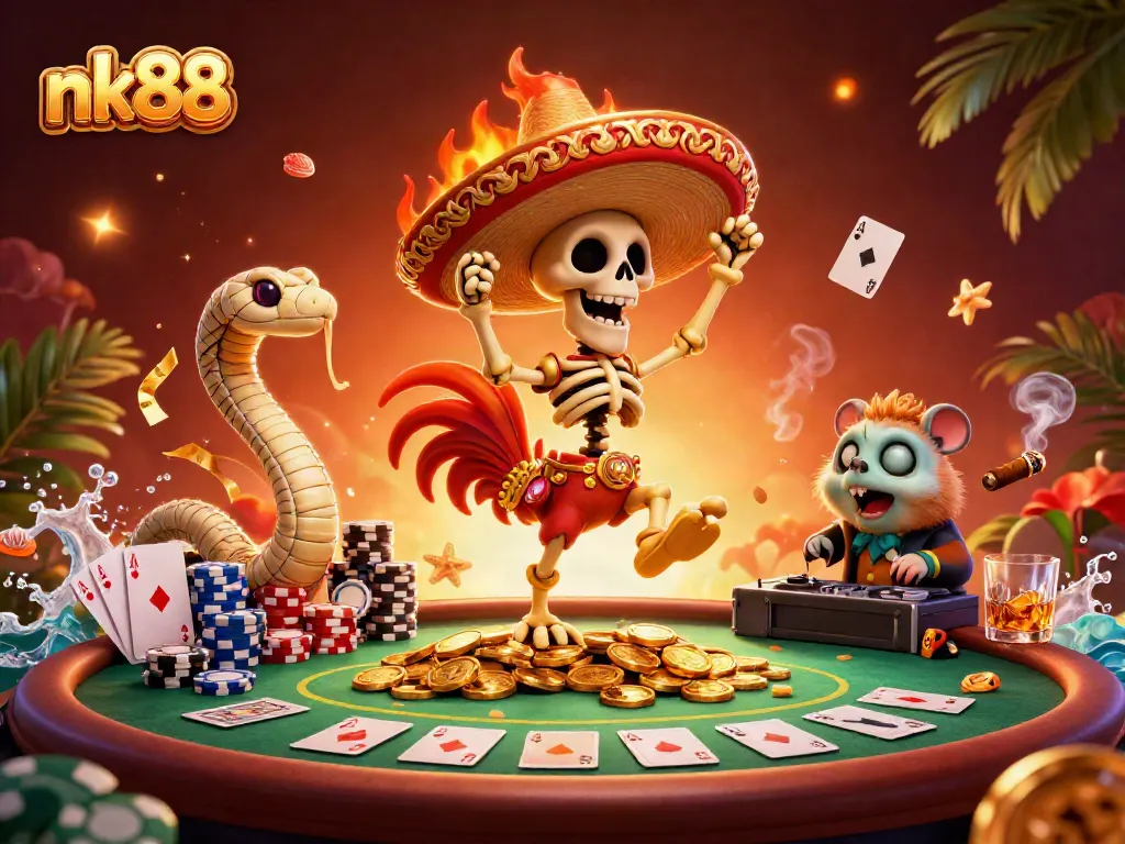 Experience thrilling poker action with nk88 through a vibrant illustration featuring a lively casino scene.