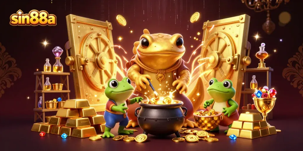 Experience sin88a with a vibrant casino scene of golden alchemists and treasures, bursting with energy!