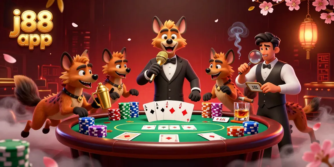 Join the fun at j88 app with lively hyenas in a 3D casino scene of jokes and gaming!