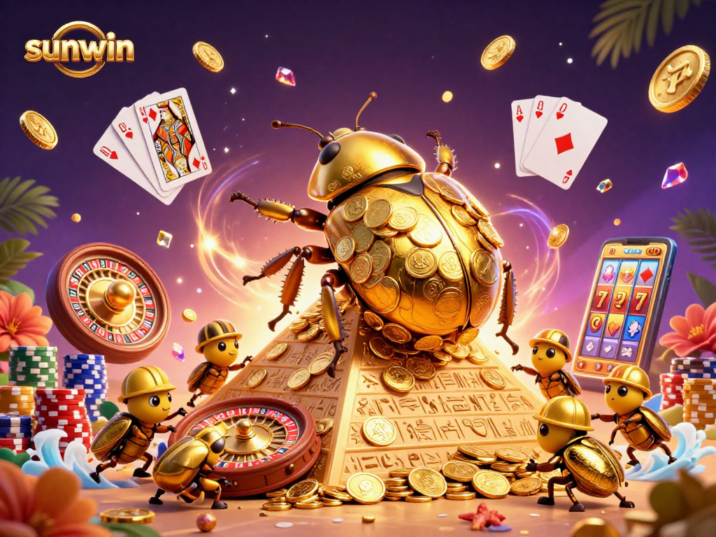 Enjoy sunwin's vibrant gambling world with golden beetles and casino riches in a dynamic scene.
