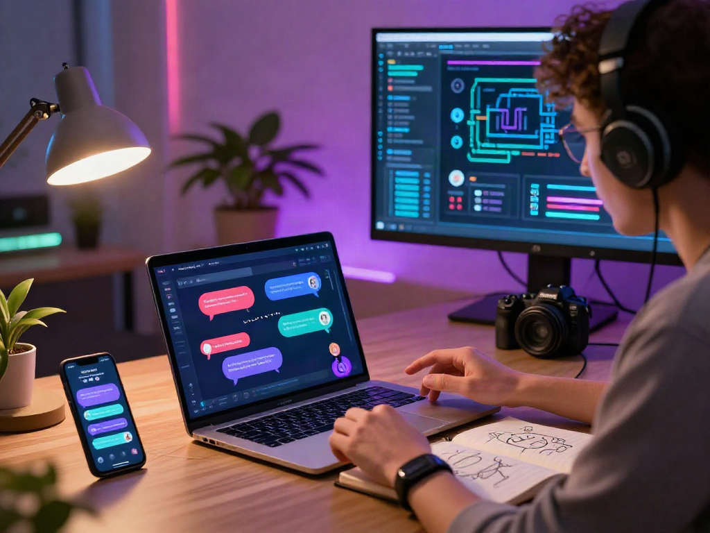 User engaging with innovative nsfw ai chat platform in a modern workspace, highlighting vibrant interface and conversation context.