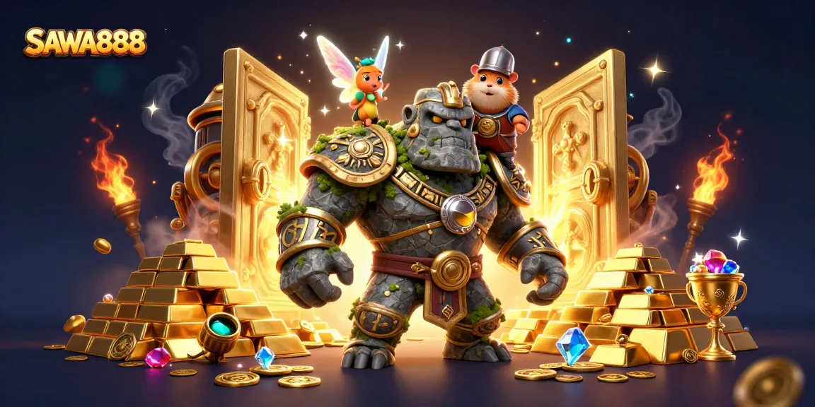 Experience the magic of SAWA888 with a golem guardian and fairy in a vibrant 3D casino scene.