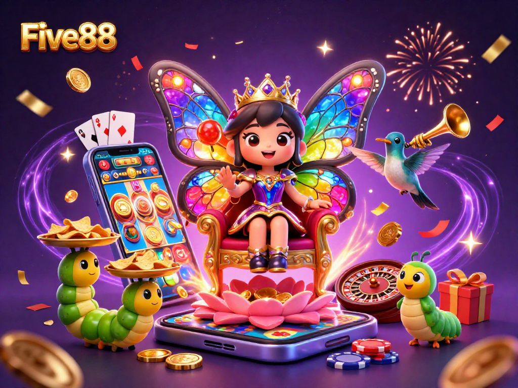 Experience thrilling wins with Five88 in a dazzling casino fantasy realm, featuring colorful games and vibrant characters.