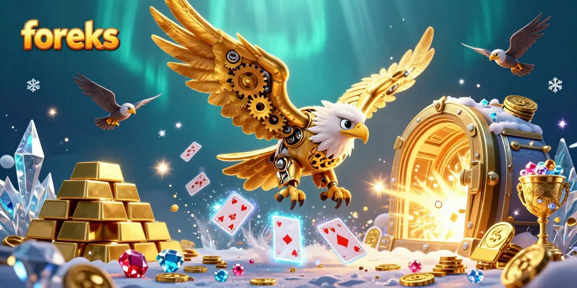 Experience thrilling winnings at foreks, featuring a golden eagle soaring through vibrant casino elements amidst sparkling treasures.