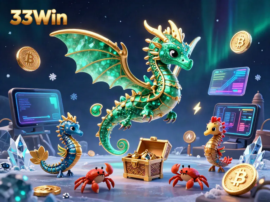 Explore the vibrant underwater world of 33Win with a 3D dragon, crypto coins, and treasure chest.