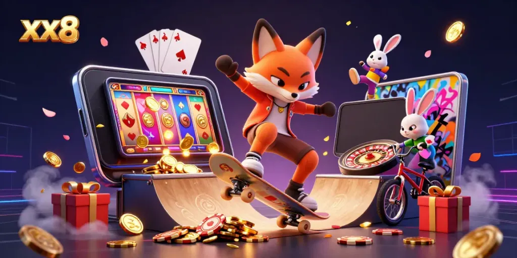 Experience the thrill of xx8's online games with vibrant, dynamic characters and casino-themed elements in 3D.