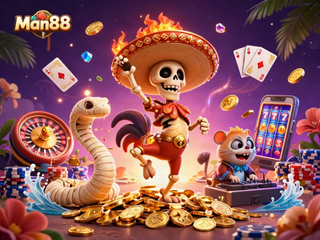 Man88 engages players with vibrant 3D characters celebrating gambling success amid golden coins.