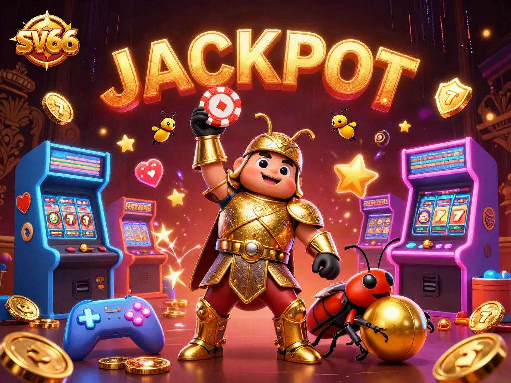 SV66 lets you experience slot games with a 3D cartoon hercules beetle portraying victory in a vibrant casino scene.