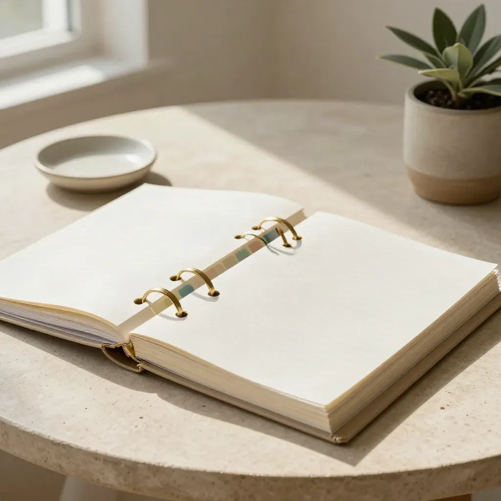 Open grant binder with tabs, brass clips, ceramic dish and small plant on a stone table.