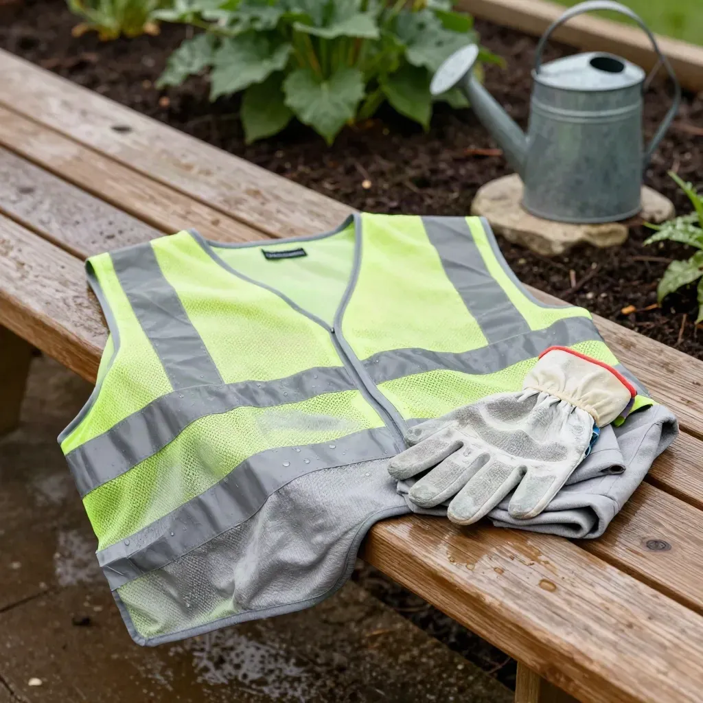 Rain-beaded volunteer vest, gloves, and folded picnic blanket on a wet community-garden bench.