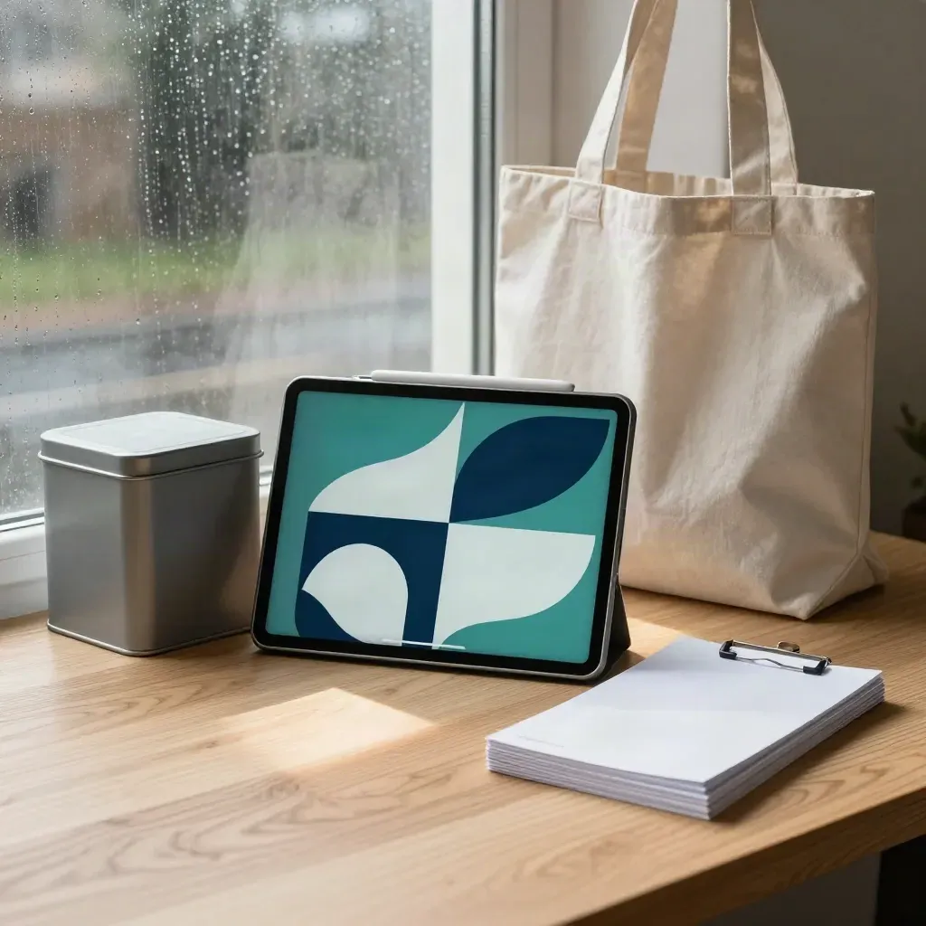 Charity directory tablet, donation tin, tote and profile cards on pale oak by a rainy window.