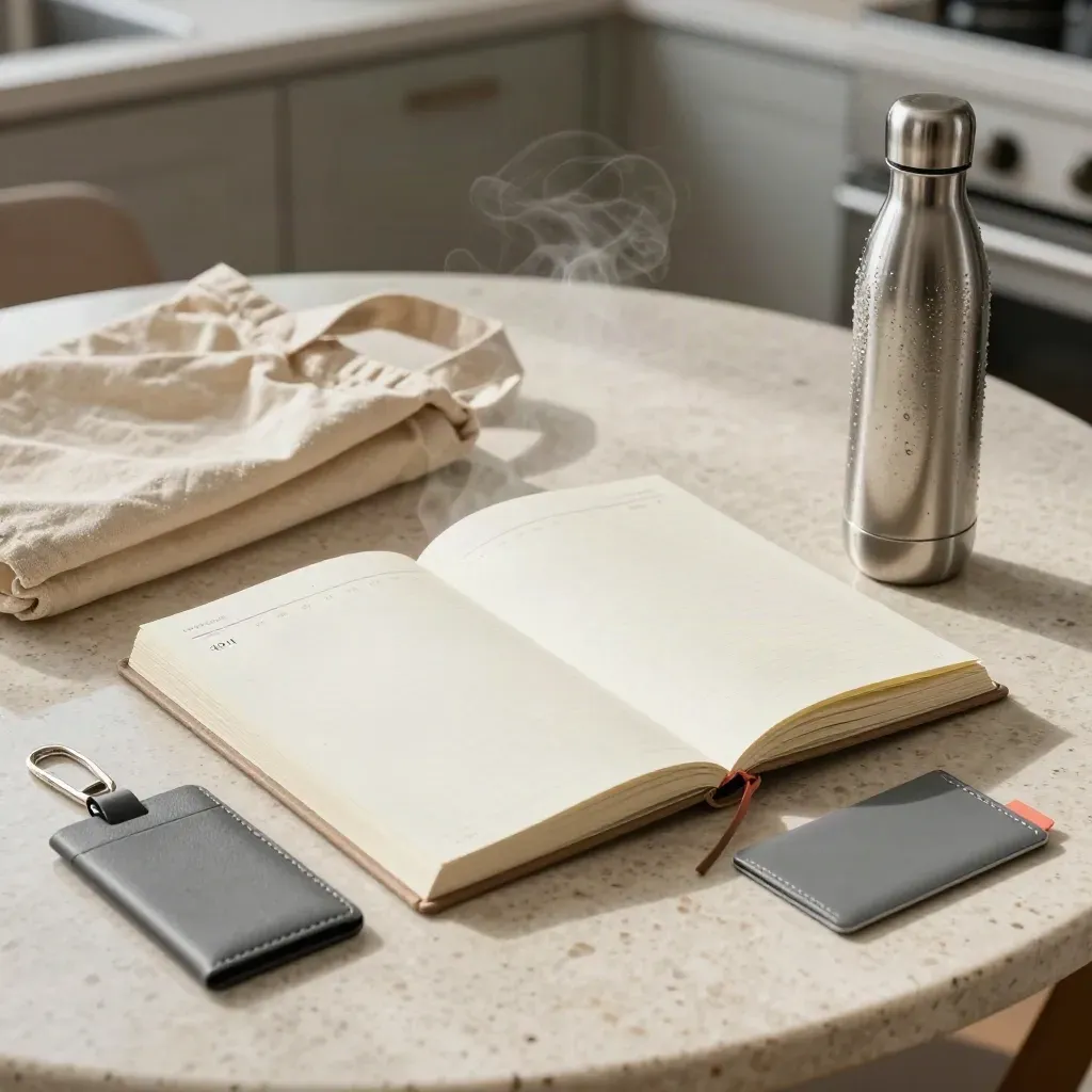 Planner, tote, bottle, keys, and transit sleeve on a travertine kitchen table in soft morning light.