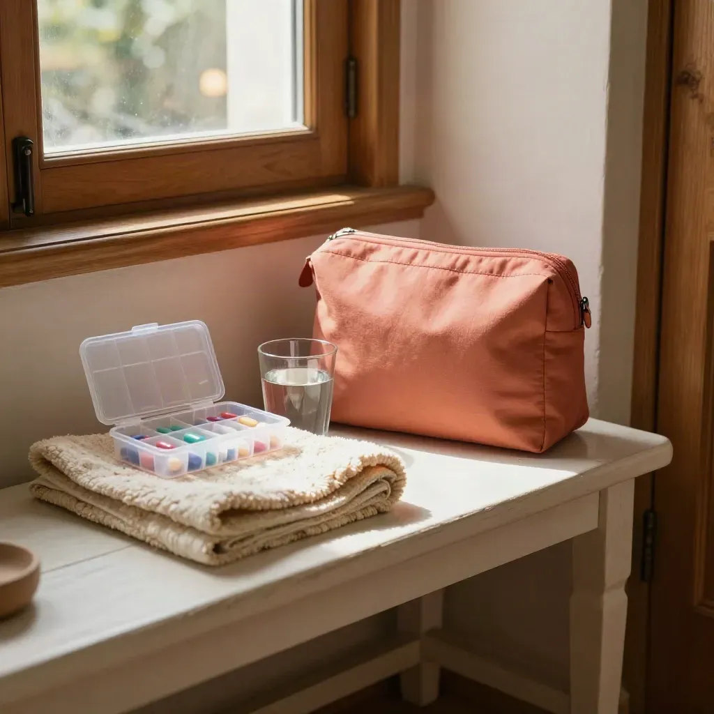 Care items on a sunlit bench: pill organizer, blanket, water glass, and coral medical pouch.