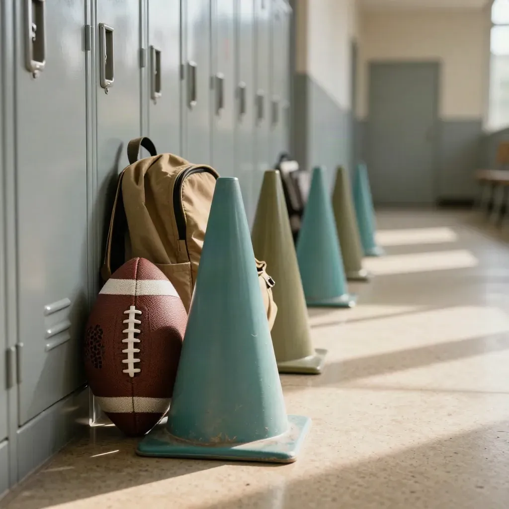 Youth-club corridor details: cones, backpacks, a football, and sketchbooks in late sun.