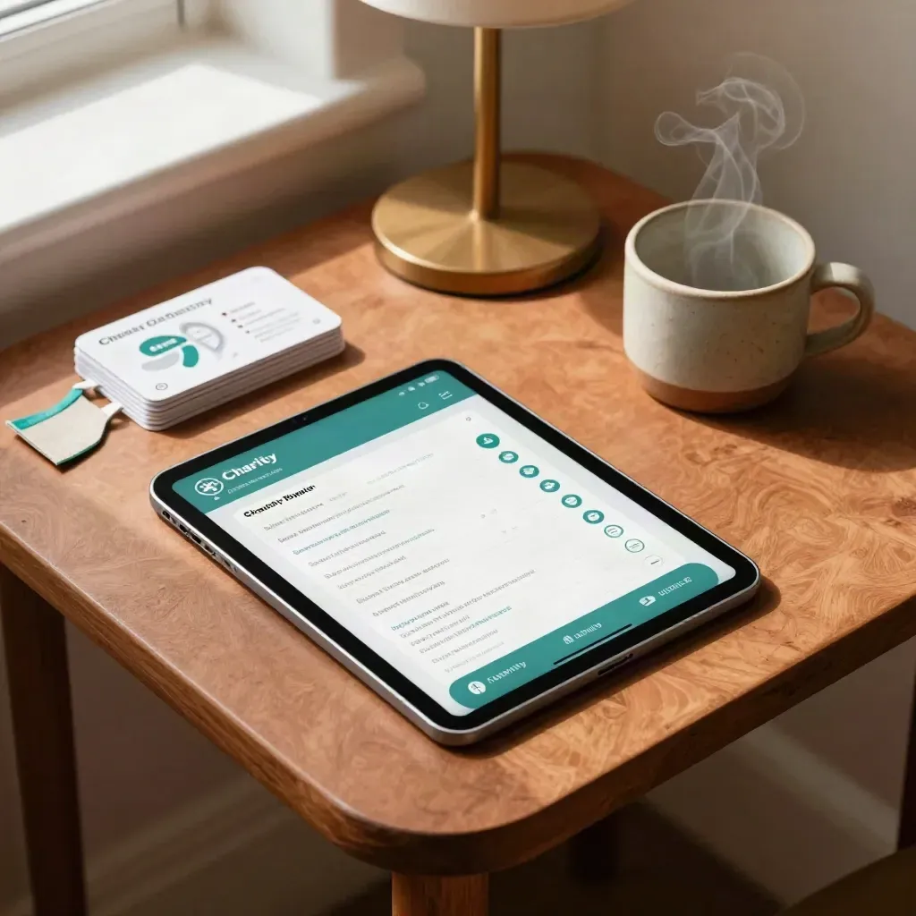 Tablet with charity directory page beside profile cards, bookmark and steaming cup on a warm table.