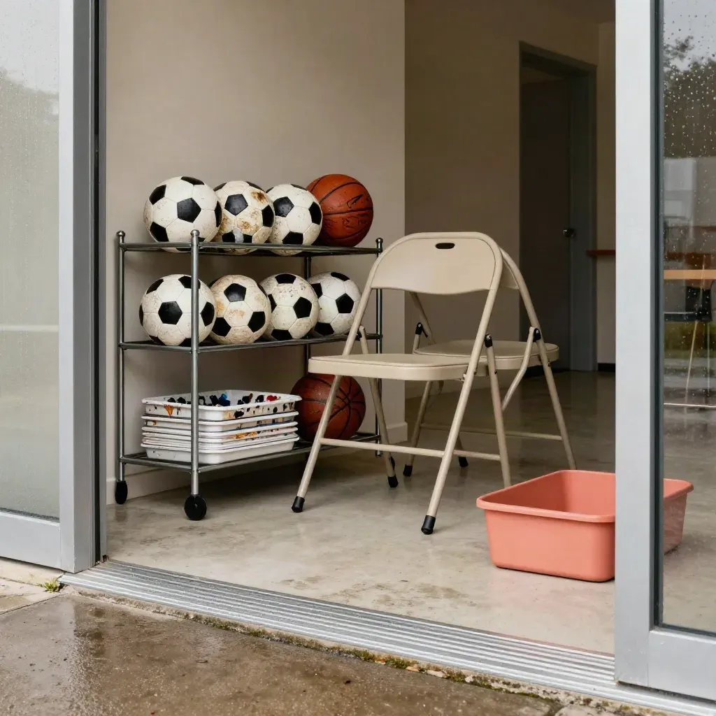 Rain-sheened youth-centre doorway with ball rack, folding chairs and art trays.