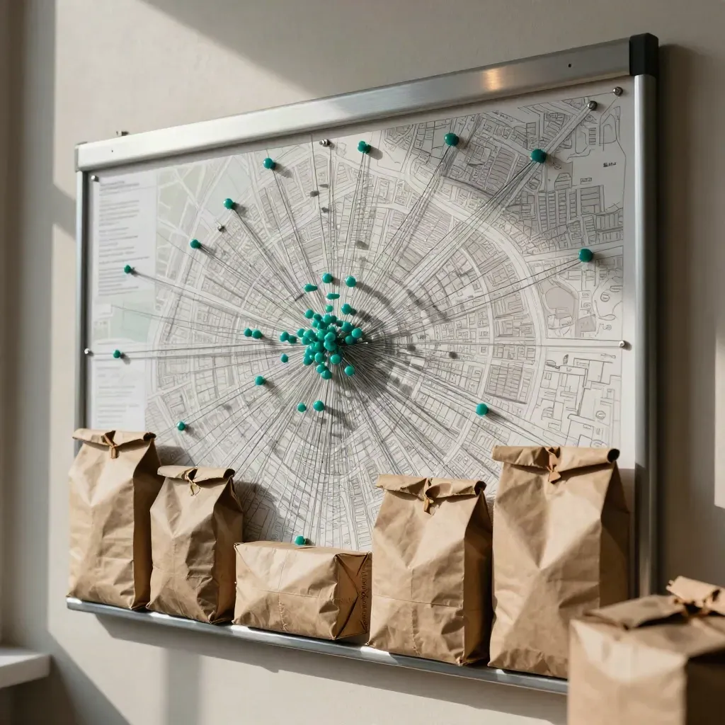 Teal pins and string on a London charity aid board above stacked food parcels.