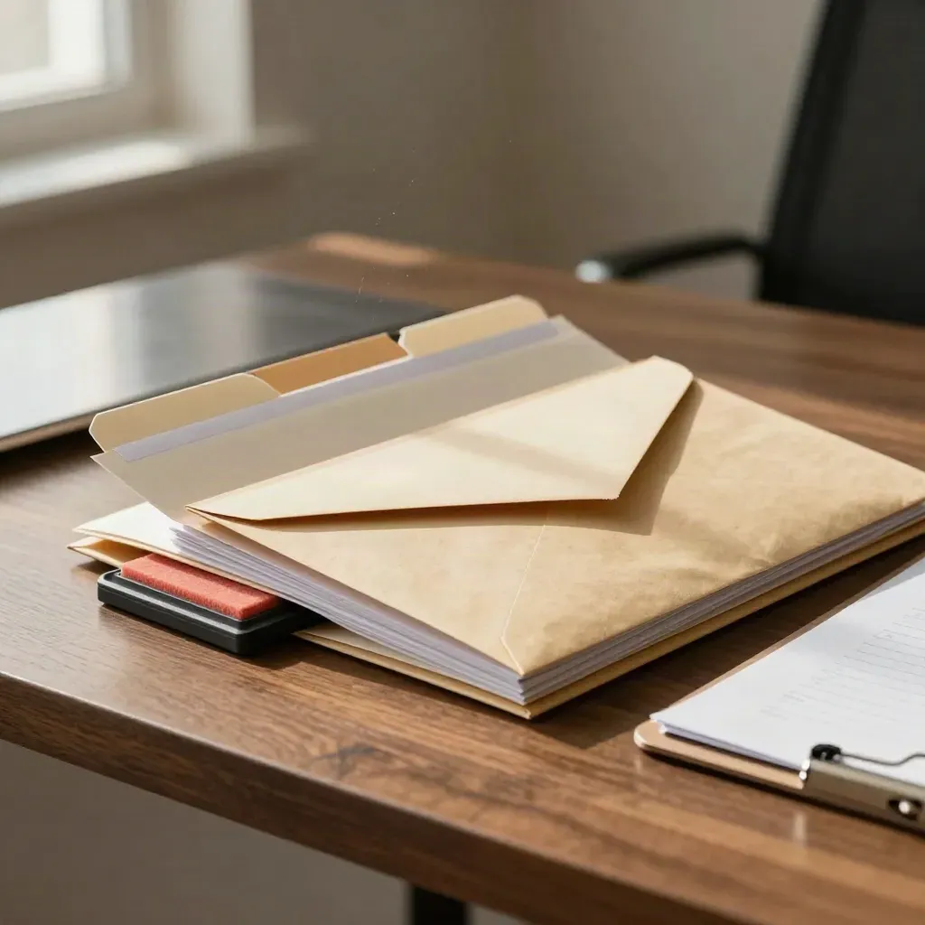 Charity compliance kit on a walnut desk: folder, stamp pad, sealed envelope, clipboard.