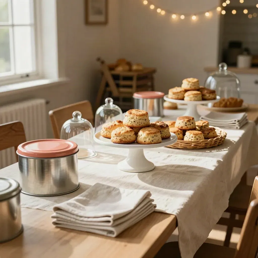 Bake-sale table with cake stands, donation tins and folded linens in warm afternoon light
