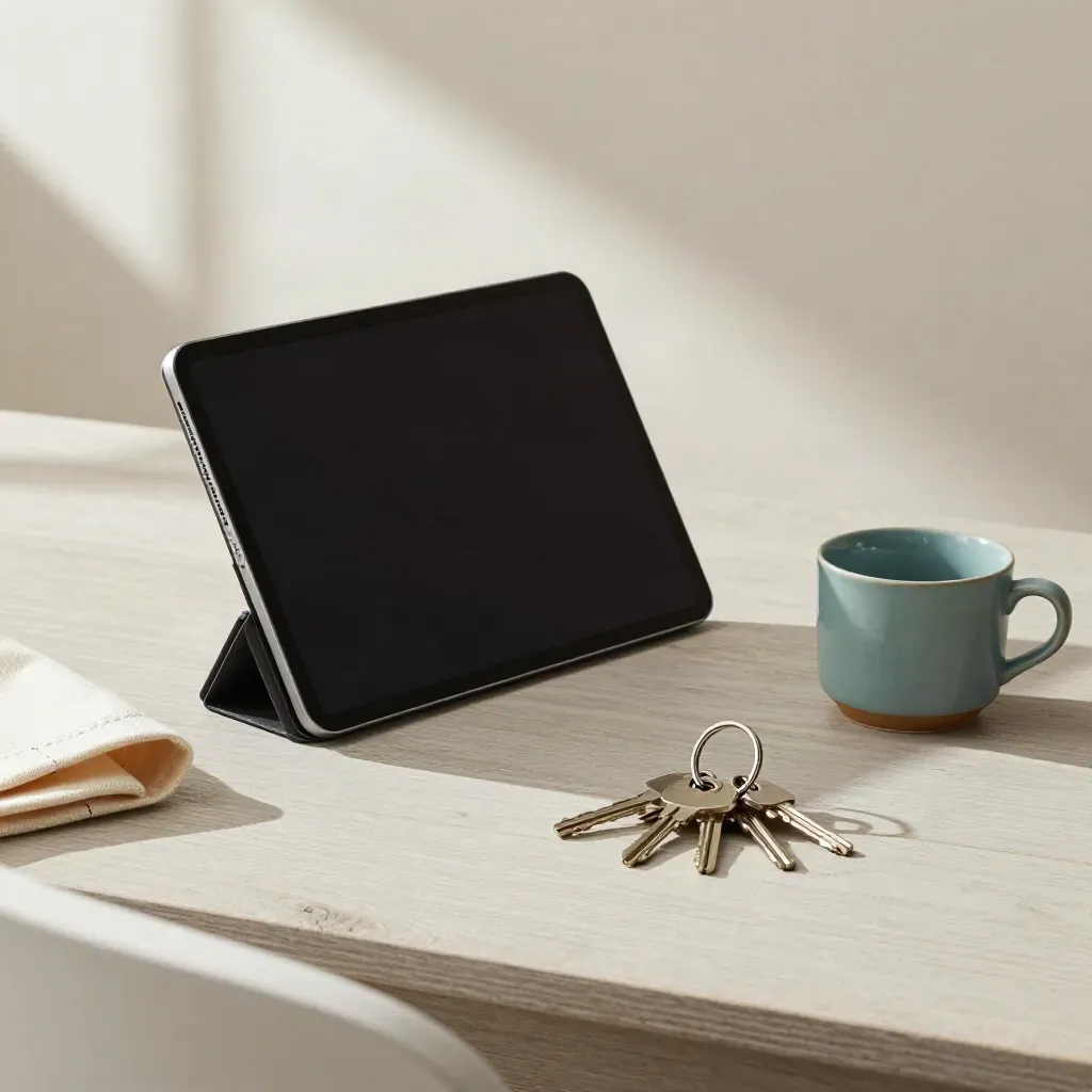 Tablet stand, canvas tote, key tags and cup on pale wood in soft daylight.
