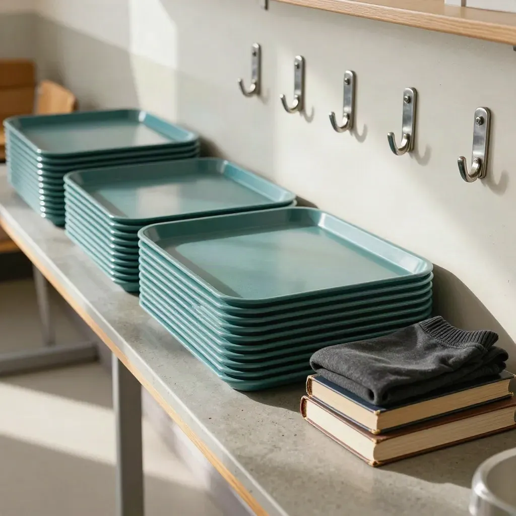 Lunch trays, folded jumpers, closed books, and satchel hooks on a school support table in morning light.