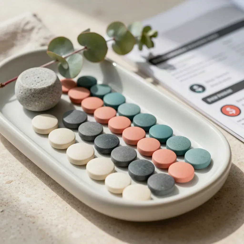 Colour-coded charity filter chips in a ceramic tray with stone weight and eucalyptus sprig.