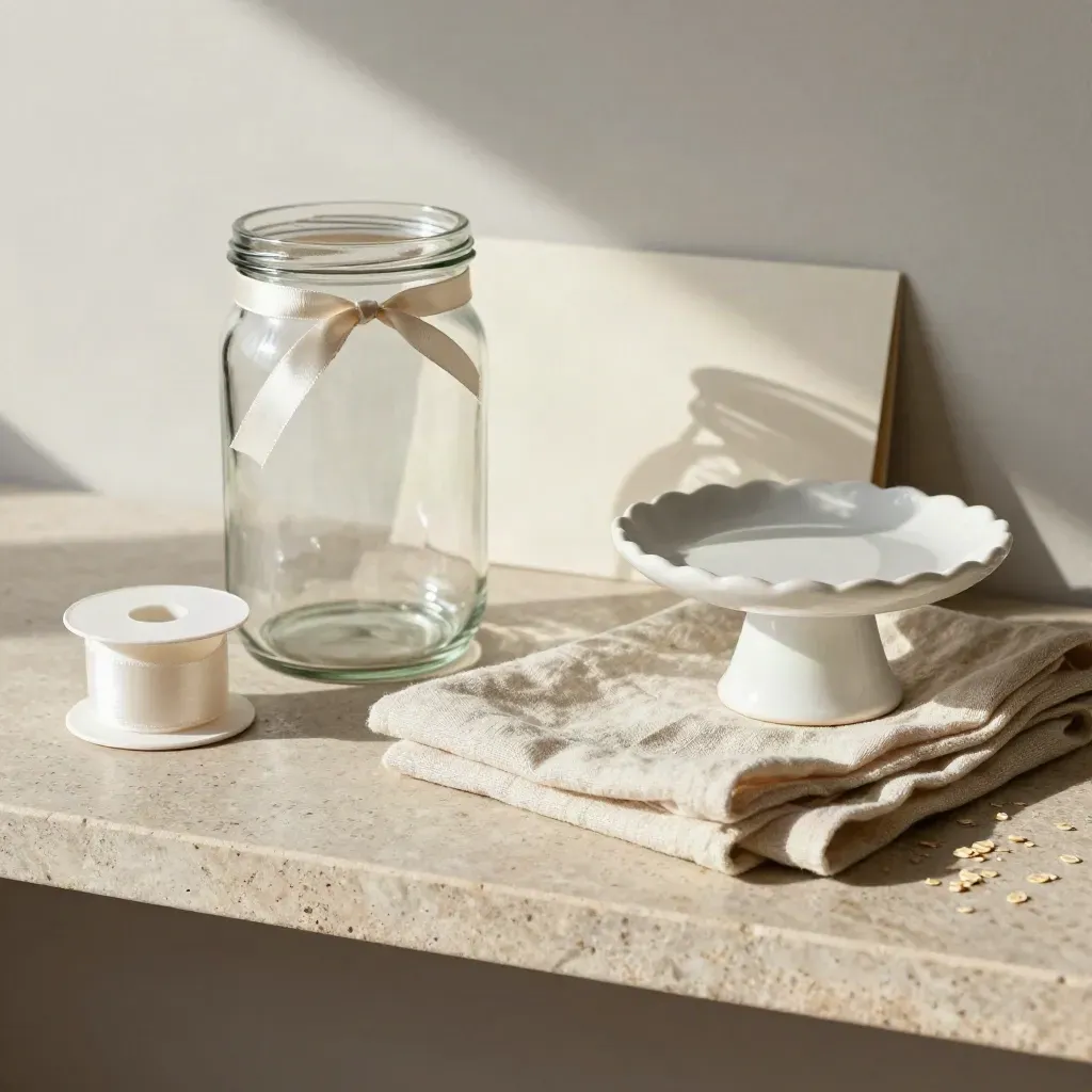 Glass donation jar, ribbon spool, cake stand and linen on a stone shelf in soft morning light.