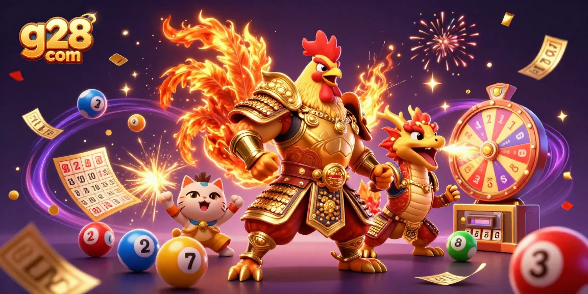 Experience the excitement of g28 com with dynamic gaming characters in a vibrant 3D casino illustration.
