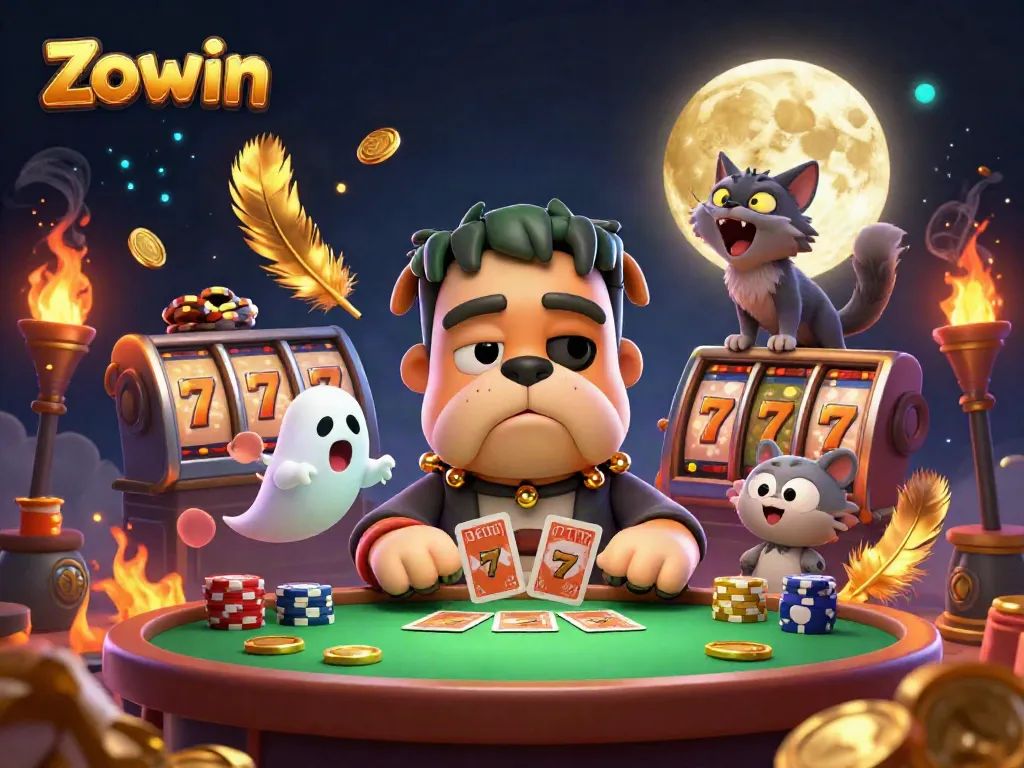 Engaging Zowin casino scene with a cartoon bulldog monster dealing cards and dynamic gambling elements.