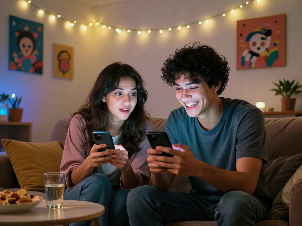 Users engaging in an NSFW AI chat in a cozy environment, showcasing emotions and playful reactions.