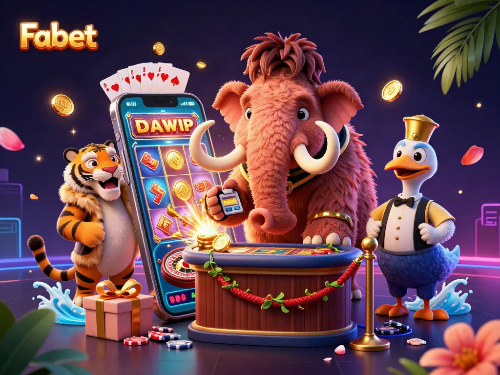 Experience exciting Fabet betting with cartoon mammoth bouncer and saber-tooth tiger VIP in vibrant casino scene.
