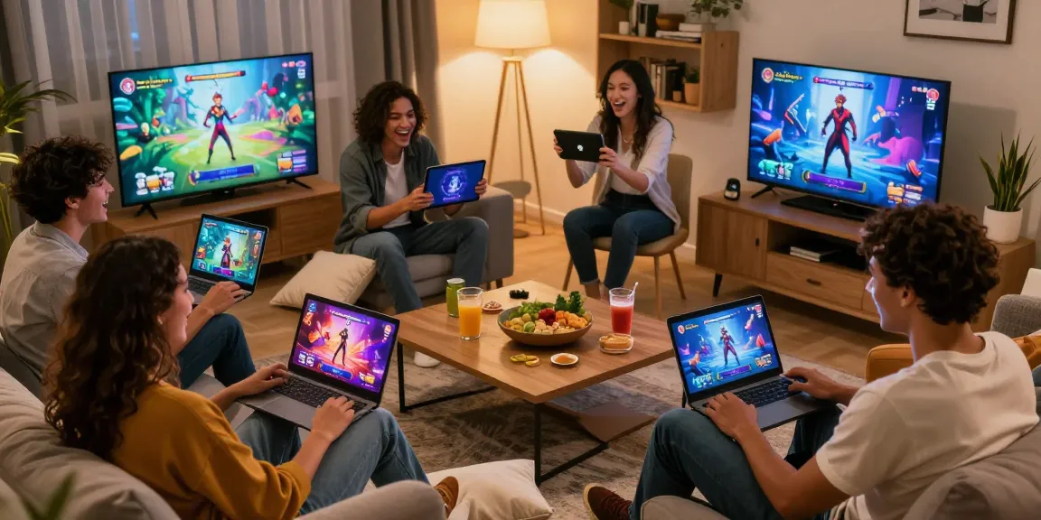 Engaged friends playing sex games together in a cozy living room with vibrant game graphics.