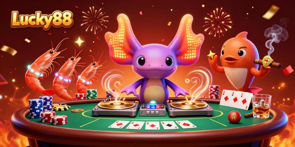 Engage with Lucky88's dynamic casino atmosphere featuring vibrant characters and a lively poker scene.